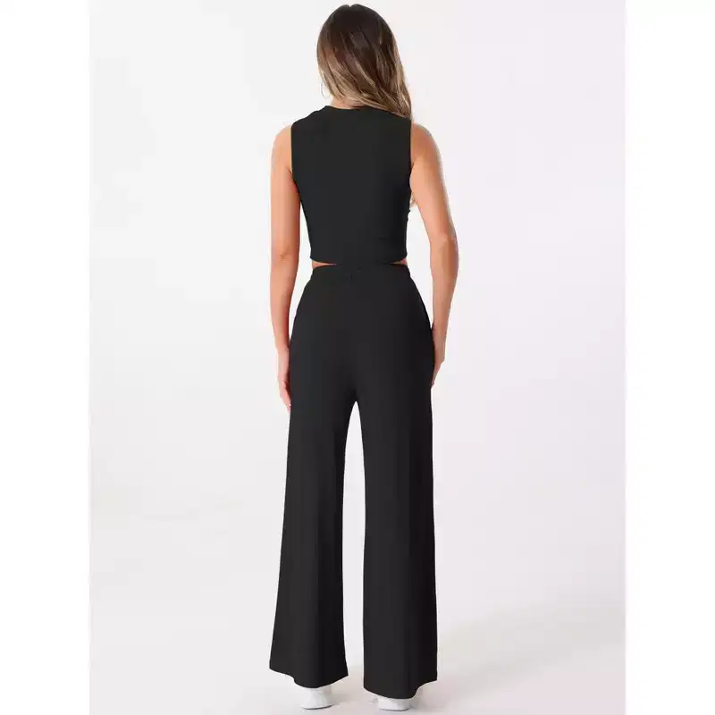 Allegra K Women's 2 Piece Crew Neck Sleeveless Crop Tank and Wide Leg Pants Summer Lounge Set