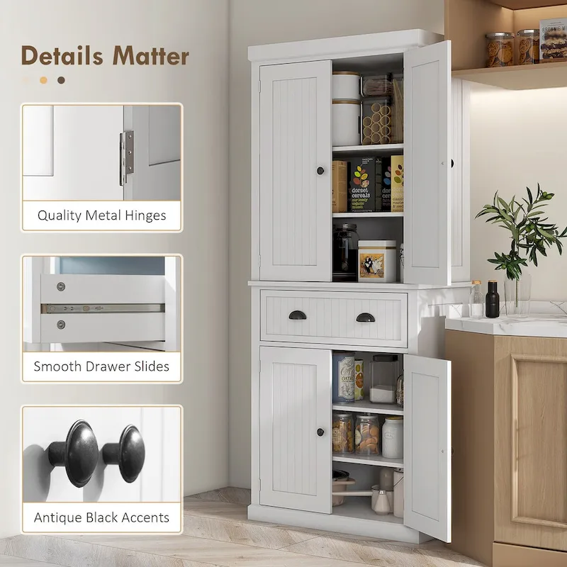 72 Kitchen Pantry Storage Cabinet, Traditional Freestanding Cabinet with 4 Doors and 3 Adjustable Shelves, Large Central Drawer