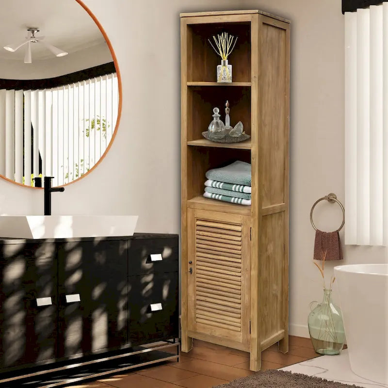 Vertical Bathroom Linen Cabinet | Recycled Teak Wood, 1 Louvered Door & 3 Open Shelves