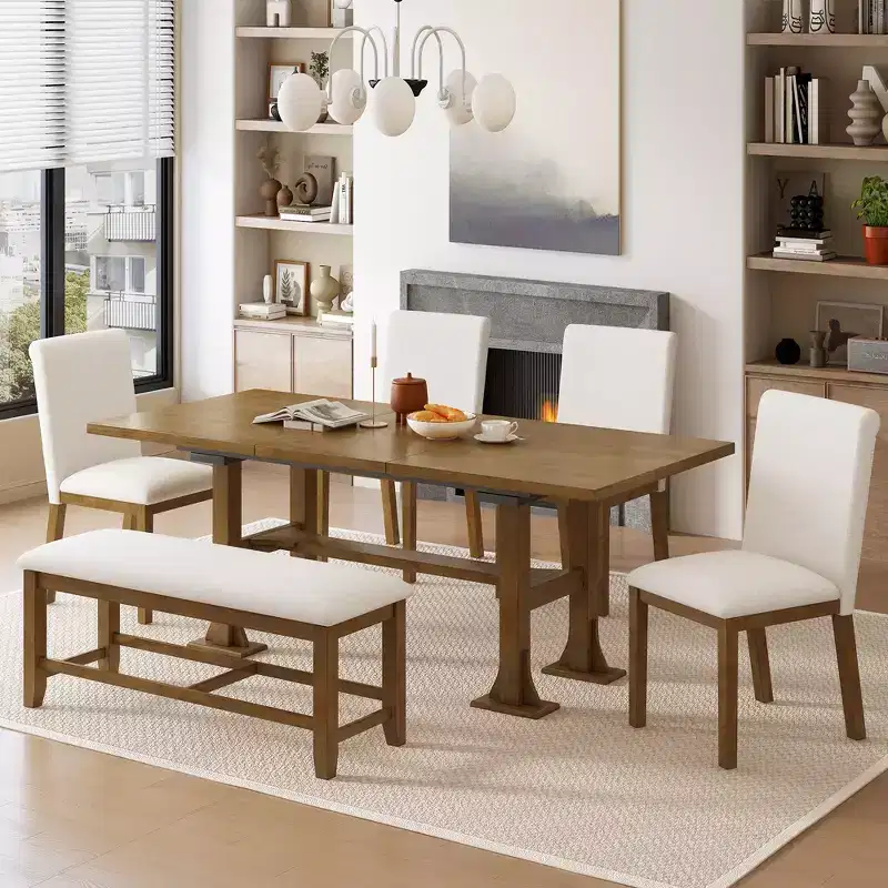 6 Pieces Dining Table Set with Bench for 6, Kitchen Table Set with Storage Drawer and 4 Upholstered Dining Chairs
