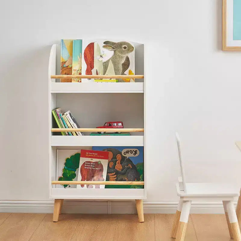 LuxenHome 37.4H Wooden Kids Bookshelf with Anti-Fall Bar, White bookshelf for kids, toy organizers and storage
