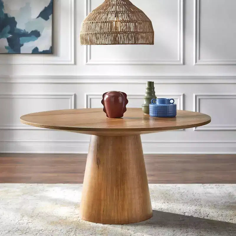 Nelda 5pc 59" Modern Round Dining Set Driftwood Table with Taupe Leather Dining Chairs