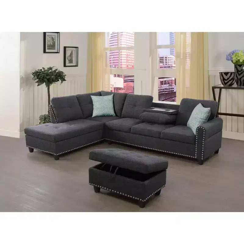 Okak 98 L-Shaped Sectional Couch with Movable Ottoman&2 Throw Pillows, Modern Linen Upholstered Sofa Chaise for Living Room,Apartment