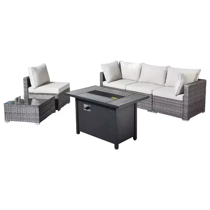 Venice 6pc Wicker Outdoor Patio Furniture Set Conversation Sofa with a Metal Fire Pit and Cushions