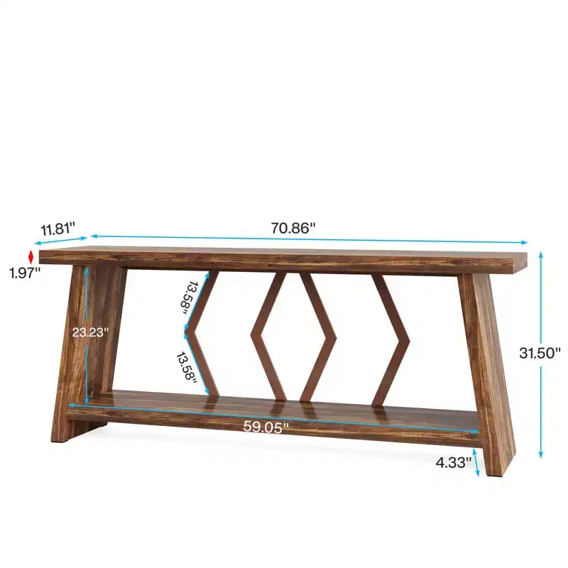 MAYEERTY 70.86 Extra Long 2-Tier Console Table, Rustic Sofa Table with Metal Frame