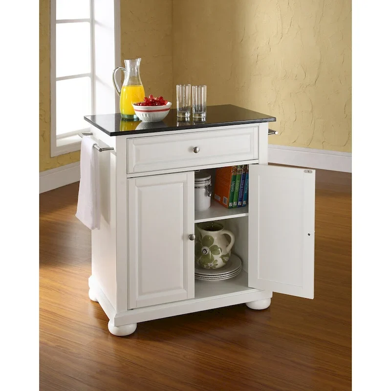 Solid Black Granite Top Portable Kitchen Island in White Finish - 18d x 31w x 33.5h