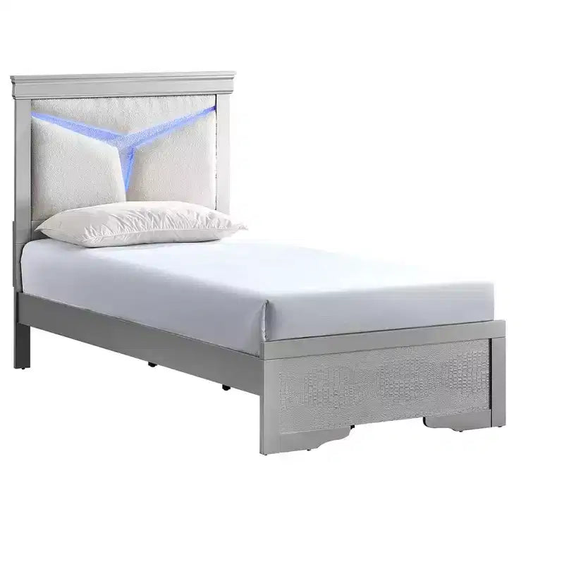 Passion Furniture Lorana Silver Champagne Wood Frame Twin Panel Bed with LED Lighted Headboard