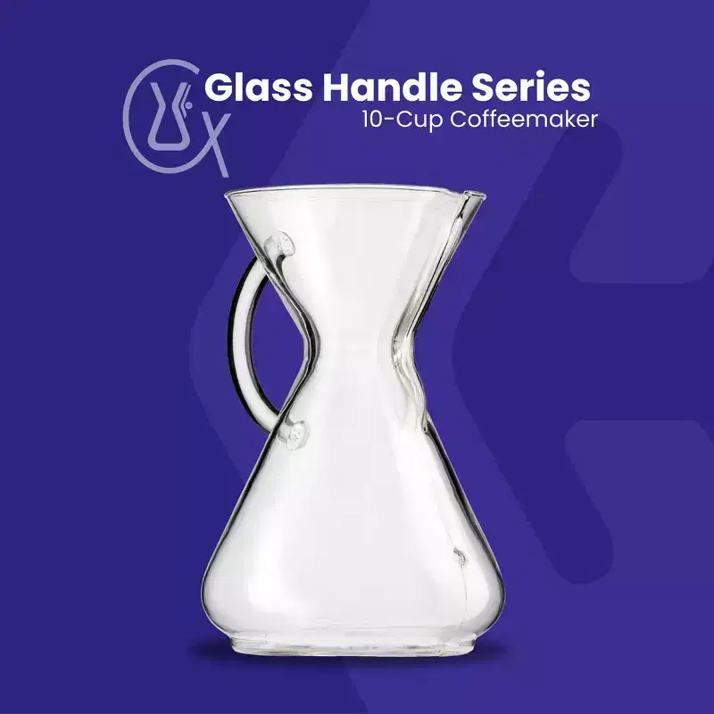 CHEMEX Pour-Over Glass Coffeemaker  Glass Handle Series  10-Cup Capacity  Borosilicate Glass Brewer  Exclusive Packaging
