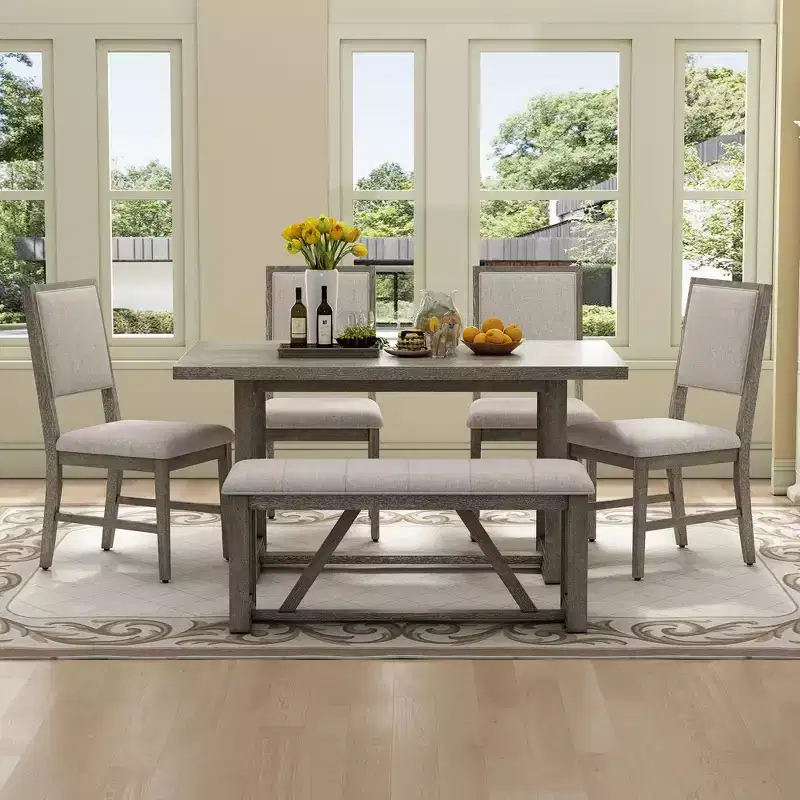 6 Pieces Farmhouse Dining Set for 5, Rectangular Table Set with Trapezoidal Table Base and 4 Upholstered Chairs and Bench for Dining Room