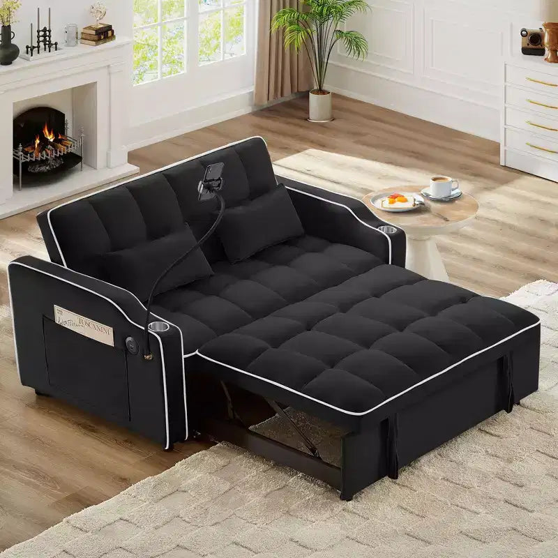 Okak Modern Adjustable Pull-Out Sofa Bed with Side Pockets & Phone Stand,Comfy Velvet Loveseat Sleeper Sofa for Living Room,Apartment