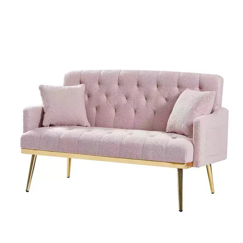 Upholstered Loveseat Couch With 2 Pillows Metal Legs Foam Couch Sleeper Sofa For Guest Room Office Living Room, Pink Teddy Fabric