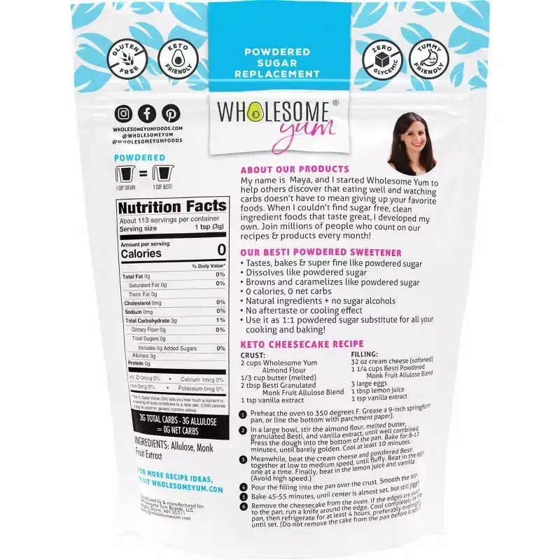 Wholesome Yum Besti Natural Powdered Sugar Substitute - Keto Confectioners Monk Fruit Sweetener Blend With Allulose (No Erythritol) (12 oz)