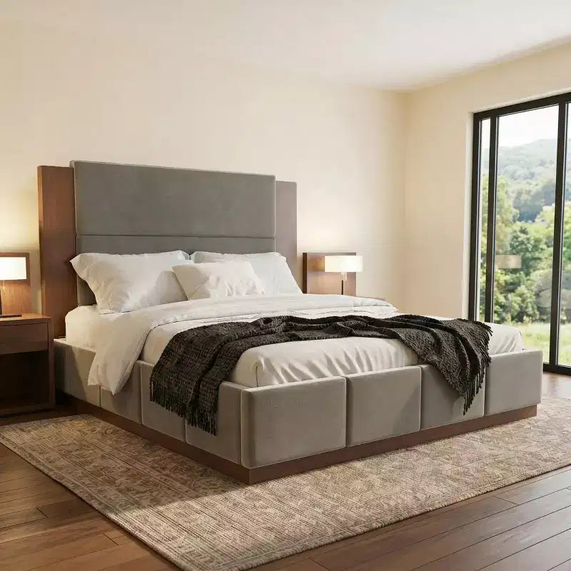 GDFStudio Donna Queen/King Size Upholstered Platform Bed Frame with Extended Wood Headboard