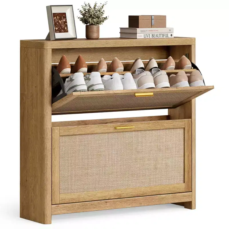 VASAGLE ELLAN Collection - Boho Shoe Storage Cabinet for Entryway Slim, Entry Shoe Cabinet with Rattan-Look Flip Drawers, Rounded Corners