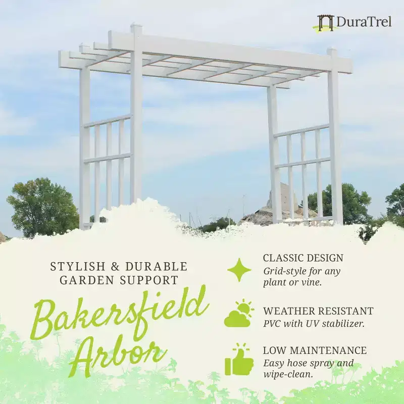 Dura-Trel Bakersfield 28 by 72 by 82 Inch Heavy Duty Weather Stabilized PVC Vinyl Outdoor Garden Arbor with Ground Anchors, White