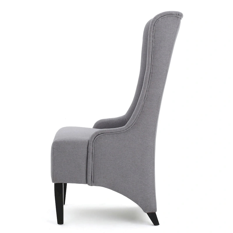 High Wingback Dining Chair, Brown Birch Wood, Light Gray Fabric