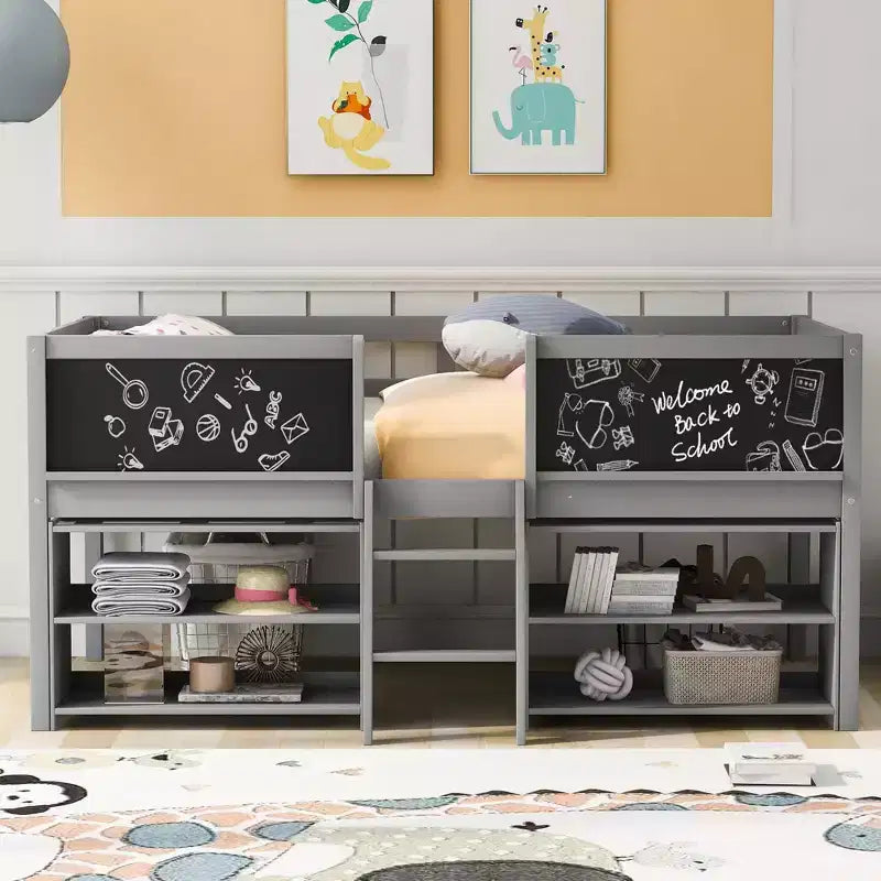 Whisen 78''L*39''W Twin Size Low Loft Bed with Two Movable Shelves and Ladder,with Decorative Guardrail Chalkboard