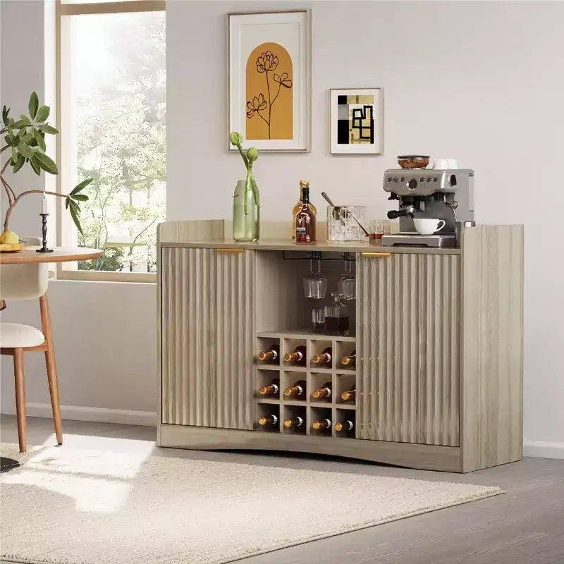 47W Modern Wine Bar Cabinet, Freestanding Coffee Bar Cabinet with 9 Glass Holders & 12 Wine Racks, Wooden Sideboard Buffet Cabinet, Brown