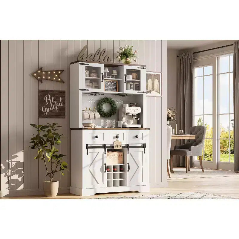 CuisinSmart Farmhouse Bar Cabinet with Sliding Barn Door, Kitchen Buffet Hutch, 3 Drawer Rustic Sideboard for Living Room, Coffee Bar, Pure