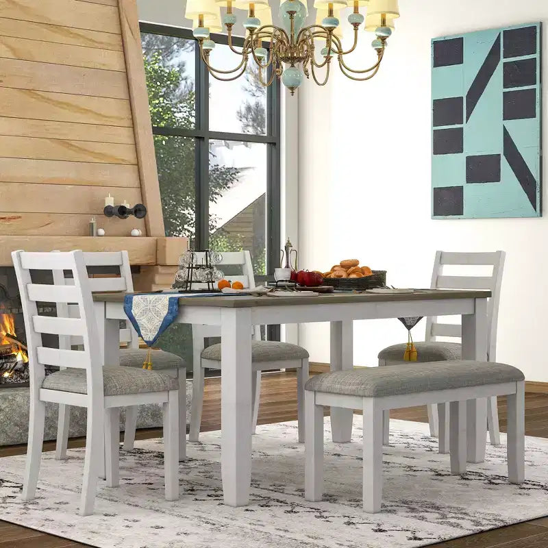 6 PCS Rustic Wood Dining Table Set, Rectangular Table with 4 Chairs & Bench-ModernLuxe