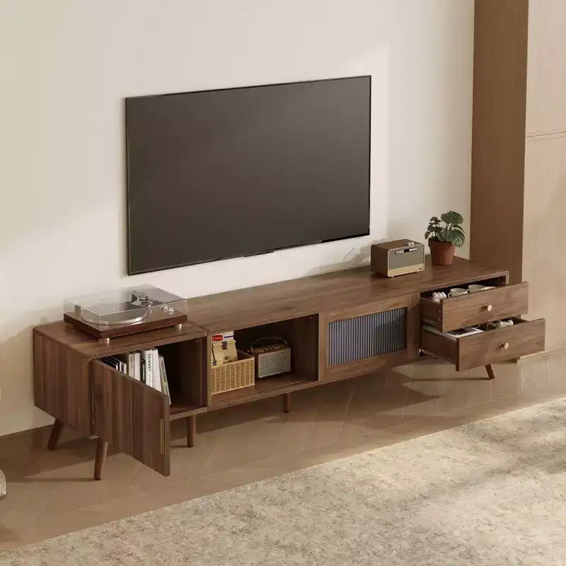 76 Inch Modern Minimal Glass-Doors TV Stand for TVs up to 85 Inches with Storage Cabinets for Living Room Bedroom