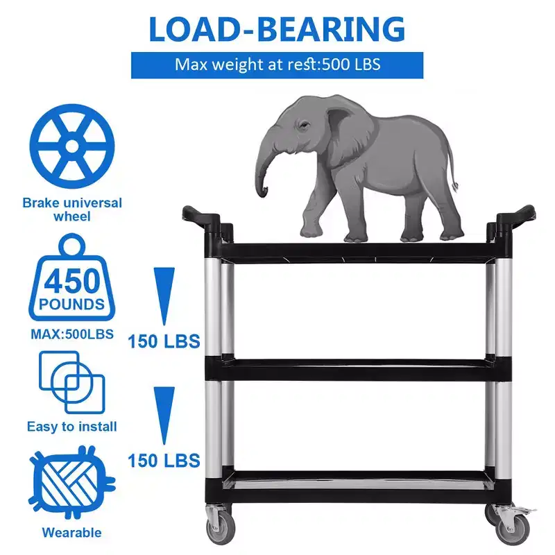 Utility Service Cart with Brake Wheel, 3 Shelf 360LBS Heavy Duty Rolling Service Cart with 360 Swivel Wheels, Restaurant Food Cart with Hammer