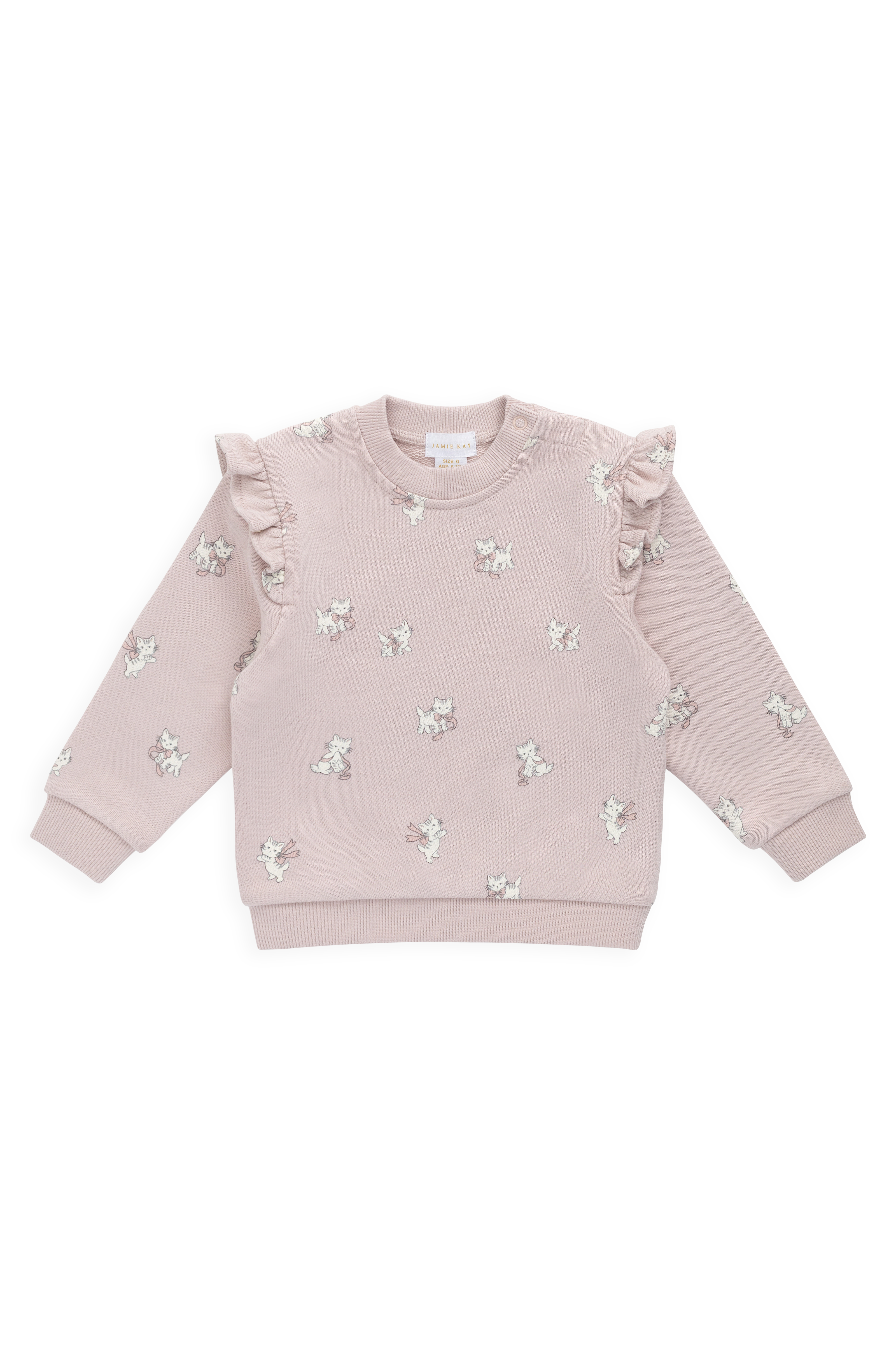 Sweet Mauve Bow Kitty Print Organic Cotton Sweatshirt with Ruffle Shoulder Detail for Girls Everyday Autumn-Winter (6M�C10Y)
