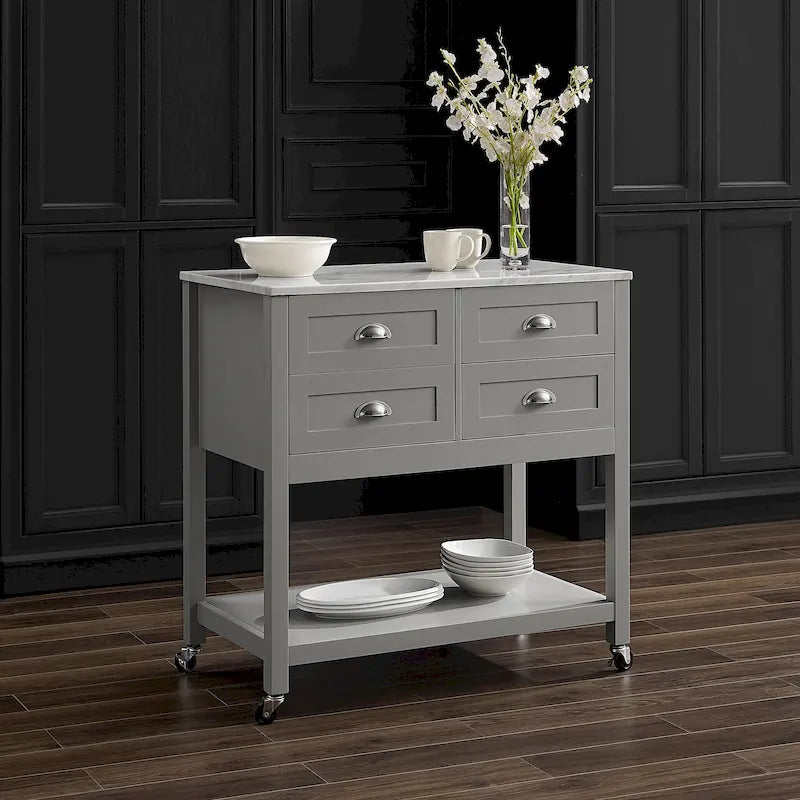 Modern Farmhouse Kitchen Island Cart with 4 Drawers Faux Marble Top and Casters