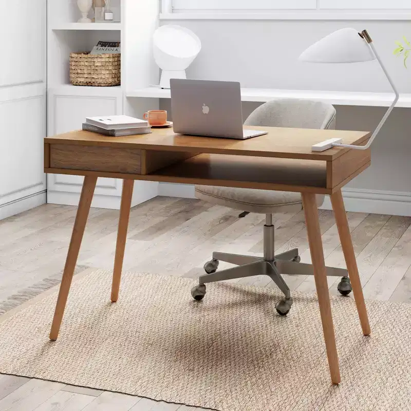 Parker Mid-Century Desk with Drawer Acacia Light Brown: MDF Top, Solid Wood Legs, Home Office Furniture