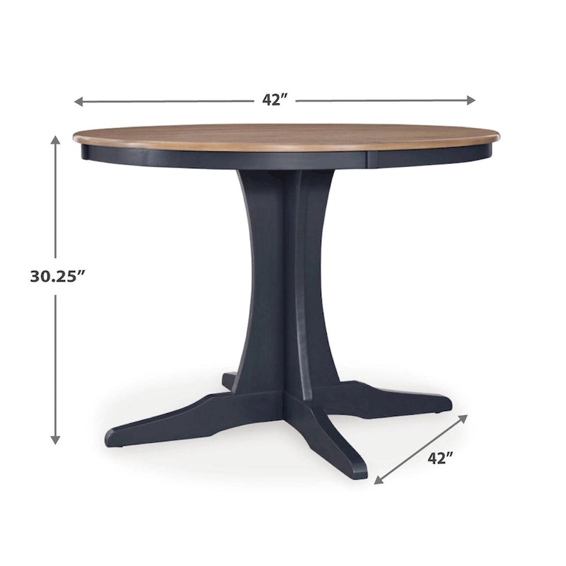 Round Dining Table, 42 Inch Brown Wood Top, Dark Blue Pedestal Base
