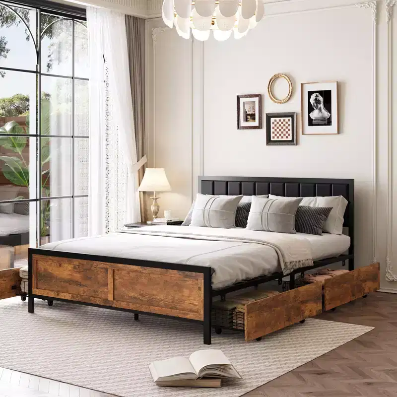 Retro-Style Bed Frame with Leather Headboard, Wheeled Storage Drawers and Noise Reduction Design