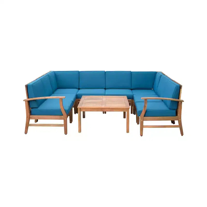 GDFStudio Abena Outdoor Acacia Wood 8 Seater U-shaped Sectional Chat Set with Cushions