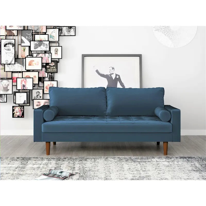 Mid-Century Modern Faux Leather Sofa with Track Arms