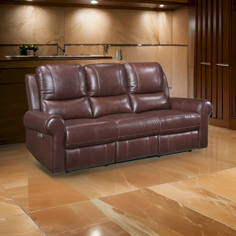 82 in. Power Dual Recliner Sofa with USB Charging, Brown Top Grain Leather