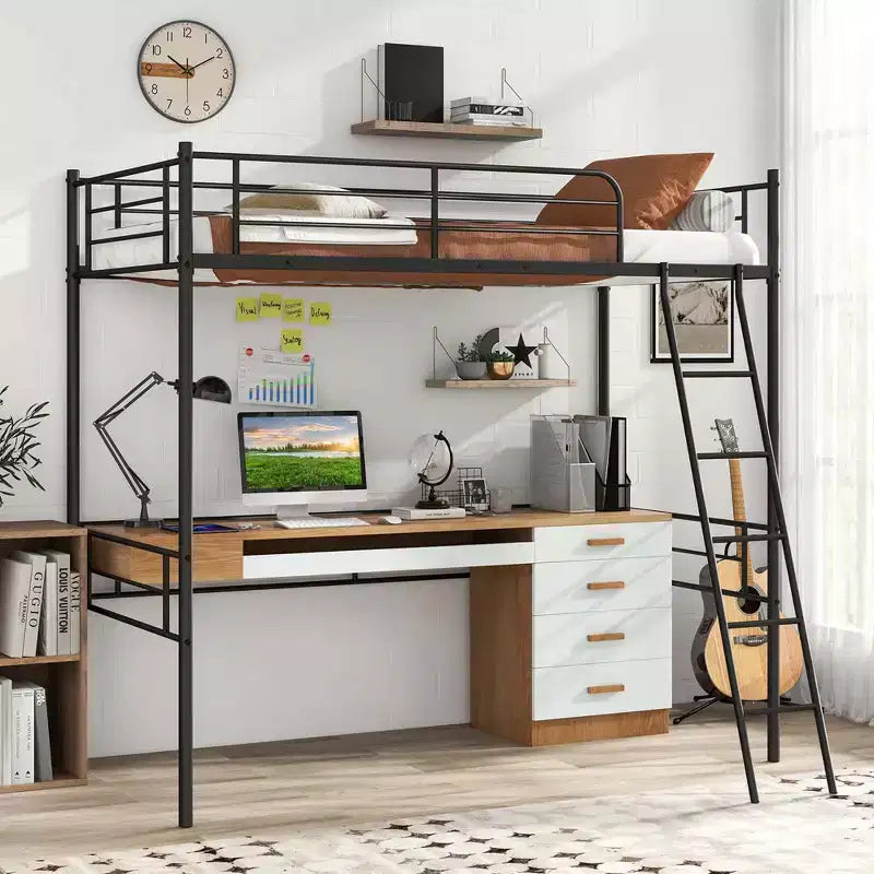 Costway Twin Size Metal Loft Bed Single Loft Bunk Bed with Full-Length Guardrail