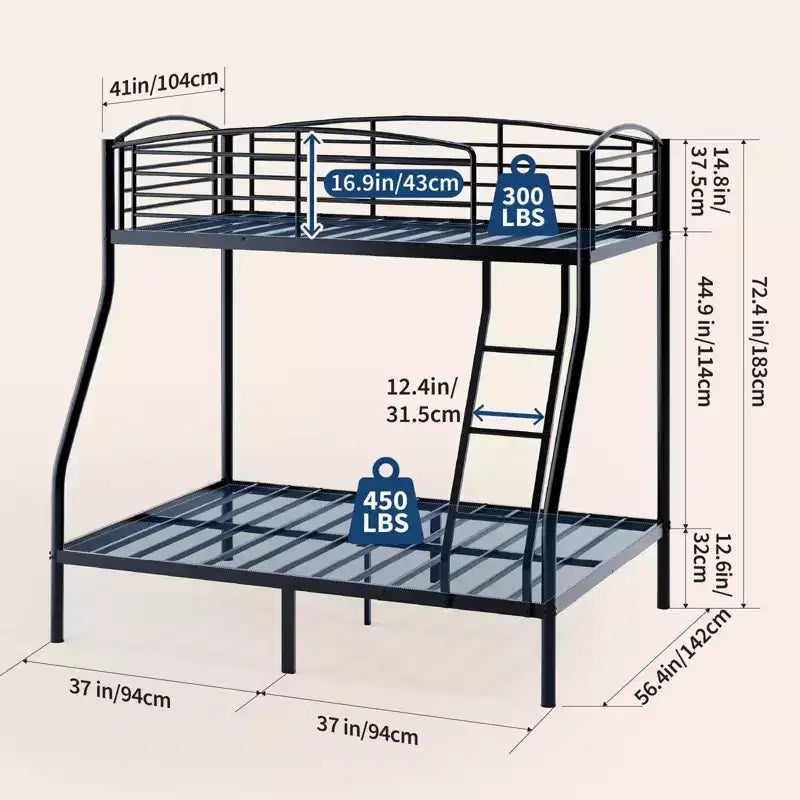 Metal Twin Over Full Bunk Bed Frame, Heavy Duty Space-Saving Design with Ladder and Safety Guardrail, Rounded Edges for Kids, Teens, Dorm Rooms