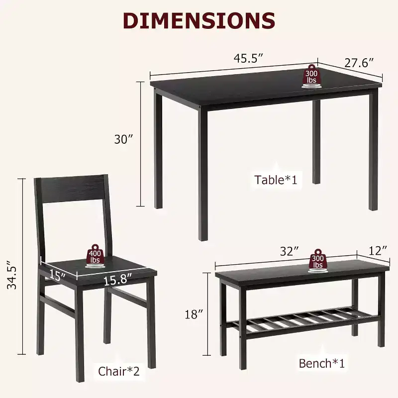 Dining Table Set for 4 with Chairs and Bench, Modern Kitchen Dining Table, Metal and Wood Design, for Small Apartments