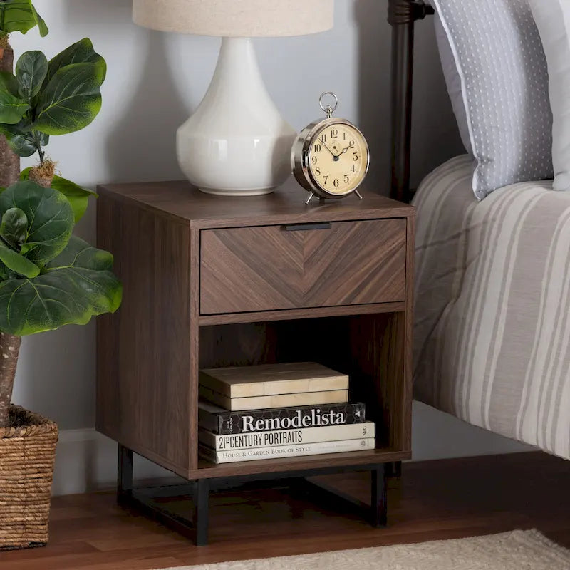 Modern Walnut Brown Wood and Black Metal 1-Drawer End Table