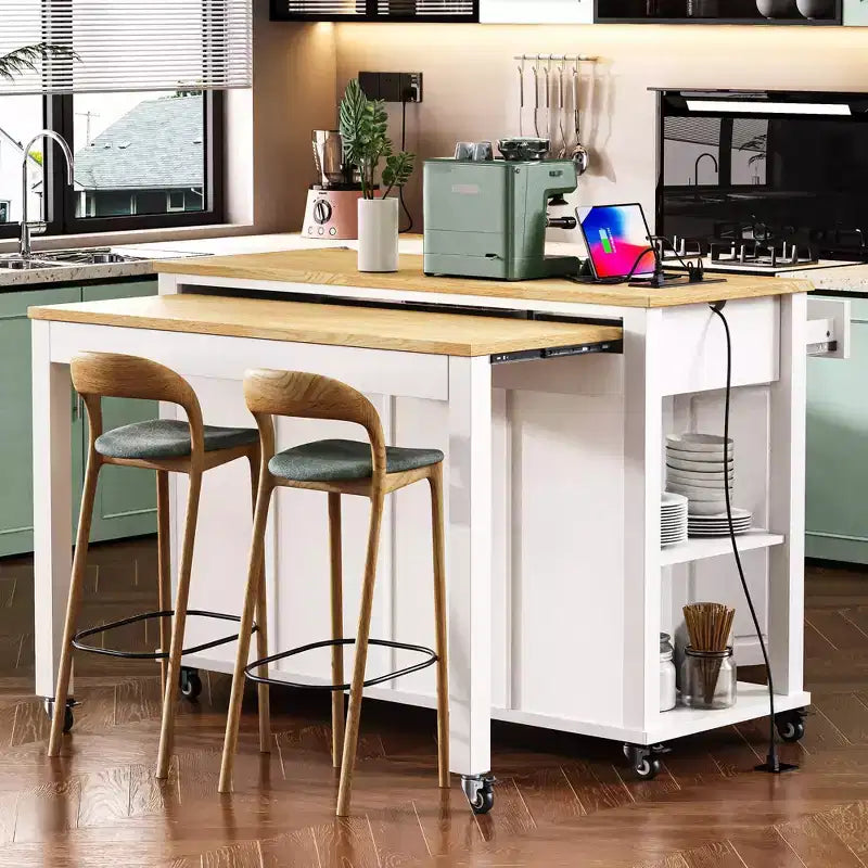 PexFix 47 Kitchen Island with Extendable Dining Table Rubber Wood Veneer Kitchen Table with Storage Rack & Power Outlet & 2 Drawers 2 Cabinet White