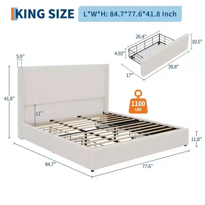 King Size Bed Frame with Storage Drawers, Corduroy Upholstered Platform with Wingback and Tufted Headboard, No Box Spring Needed, Beige