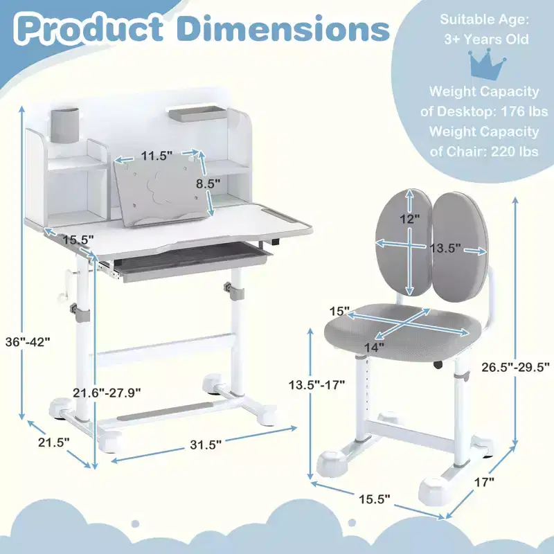 Costway Kids Study Desk & Chair Set with Tilt Desktop, Pen Holder & Tray, Reading Stand Blue/Gray
