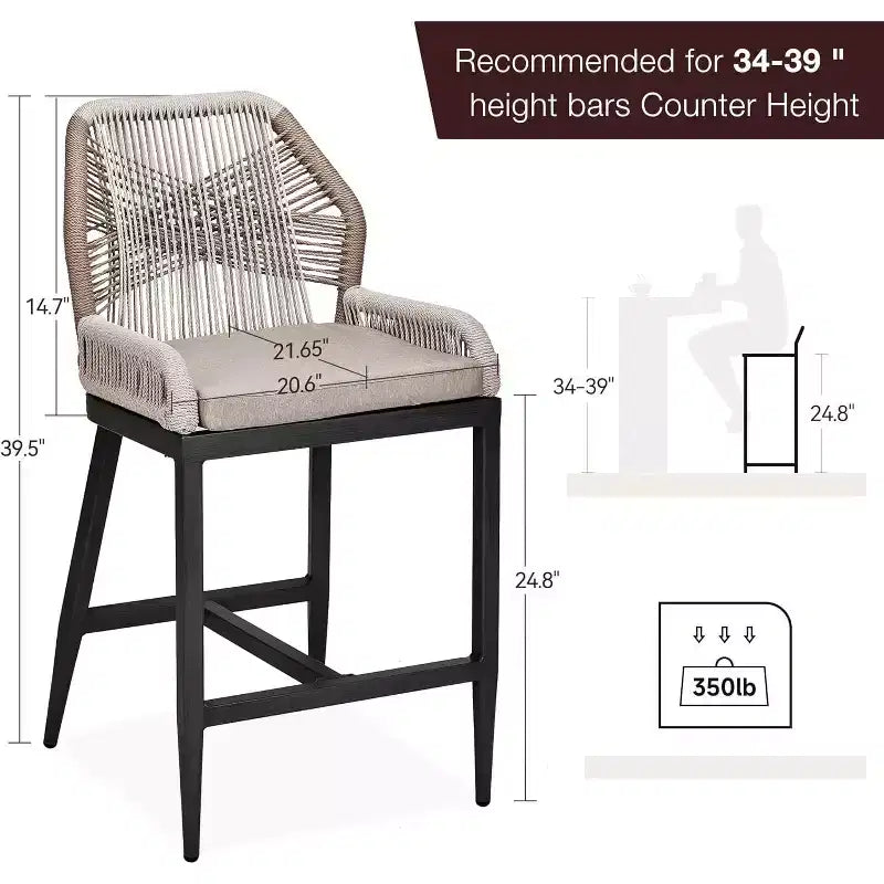 Outdoor Bar Stools Set of 2, Purple Leaf Wicker Rattan Patio Bar Stools, Bohemia High Top Patio Chairs with Back and Footrest, Patio Garden Bar Chairs
