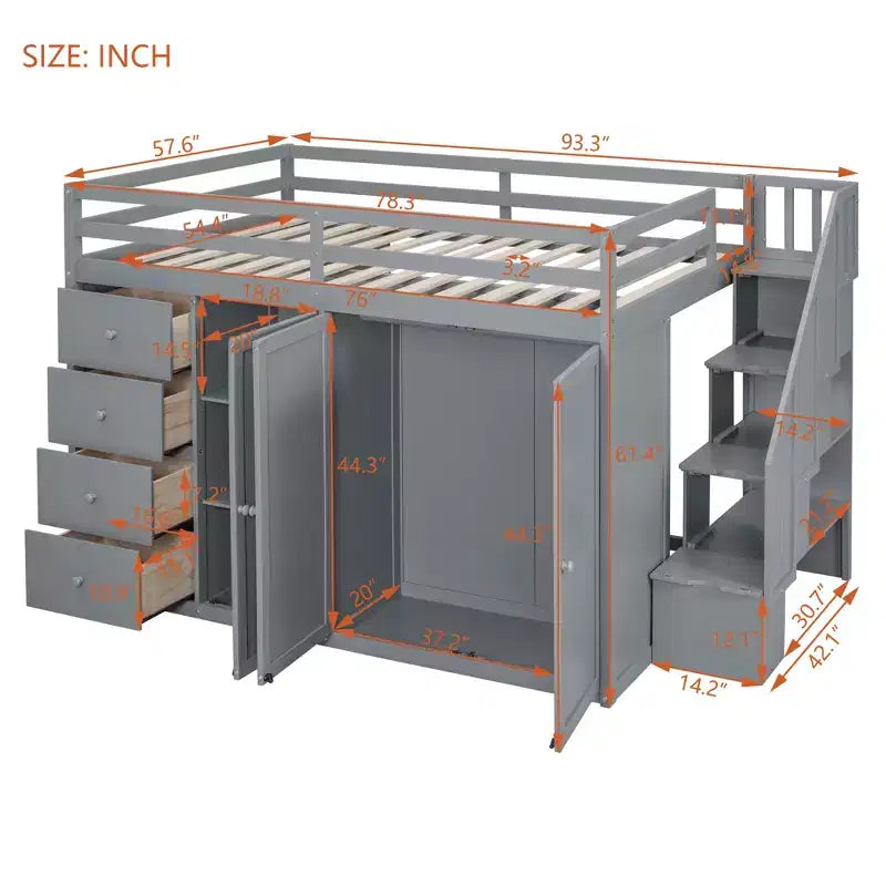 Teddy Fleece Full Size Loft Bed with Storage Shelf and Drawers, Wooden High Loft Bed with Versatile Desk for Bedroom