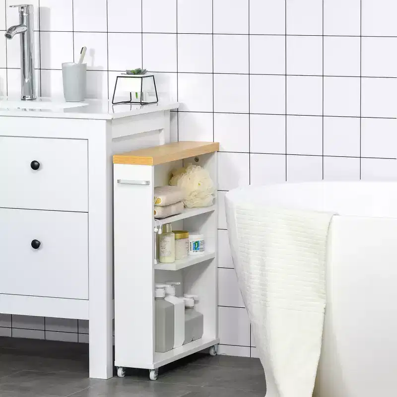 kleankin Slim Bathroom Cabinet with Castor Wheels Storage Organizer and Wood Shelves To Fit In Small Spaces, White