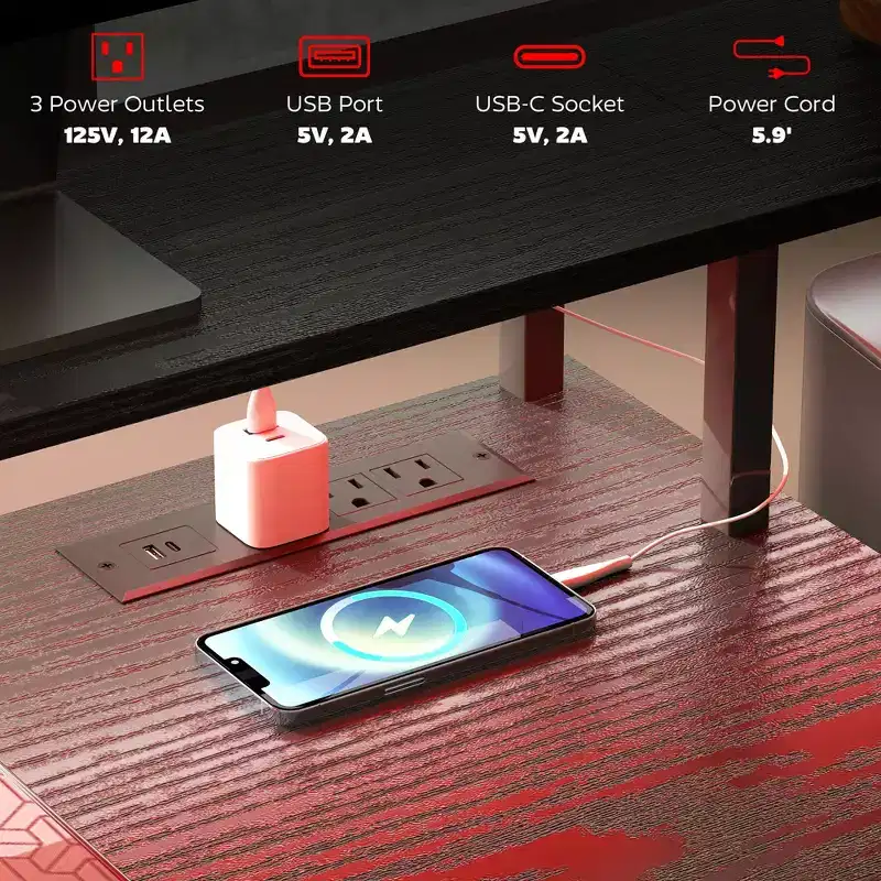 Computer Desk with Power Outlets and LED Lights, 67 Computer Table with File Cabinet and Fabric Drawers