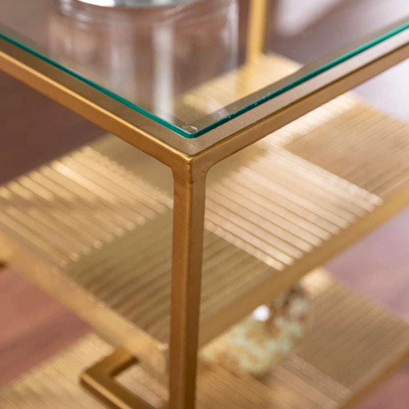 SEI Furniture Pantello Glass-Top Side Table w/ Shelving, Brass