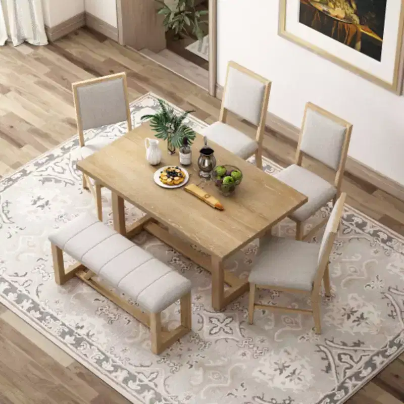6-Piece Retro Dining Set, 1 Rectangular Table with Designed Trestle Base and 4 Upholstered Chairs and 1 Bench for Dining Room and Kitchen