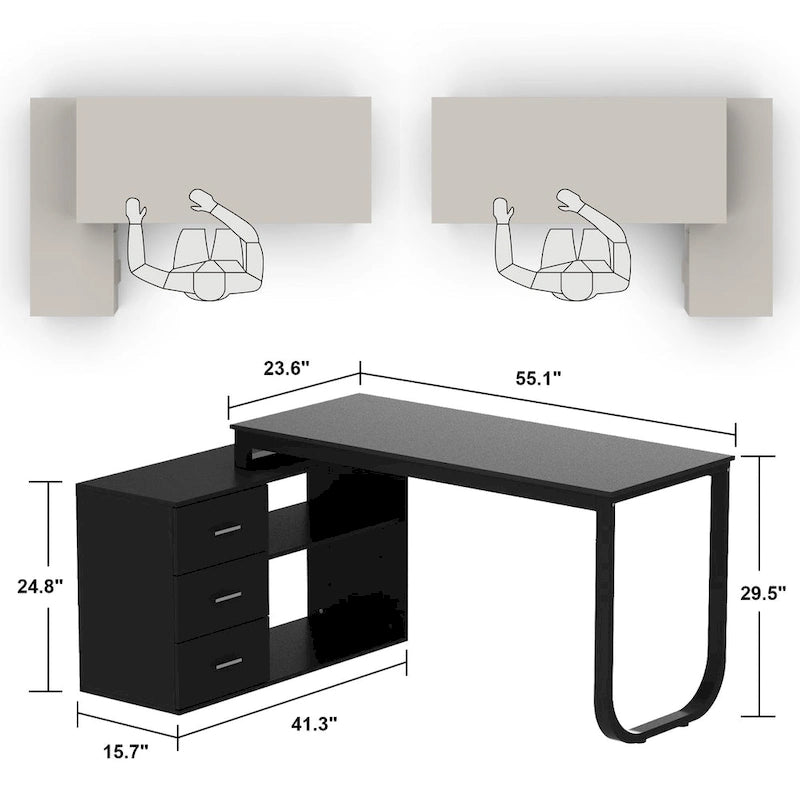 55-inch L Shaped Office Computer Desk with Drawers