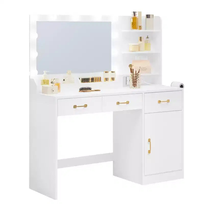 Makeup Vanity Desk with LED Mirror, 3 Drawers, 2 Cubbies, Cabinet and Open Shelves, White