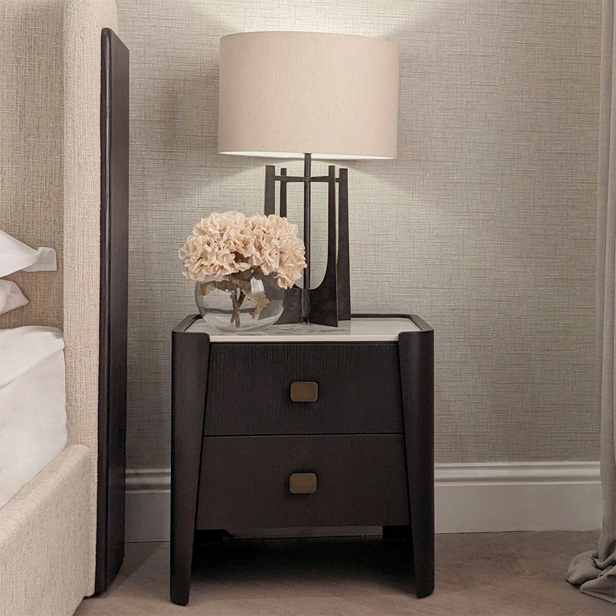 Deep Brown Wooden 2 Drawer Bedside Table with Faux Marble Top